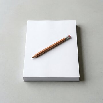 Notebook with pencil on blank page. Empty writing pad and wooden graphite pen for note-taking or sketching.