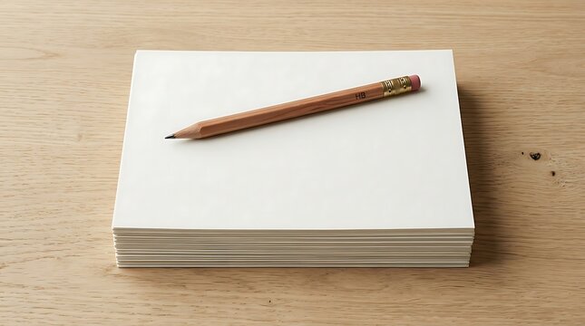 Notebook stack with pencil on top. Blank paper pad ready for writing and school supplies setup.