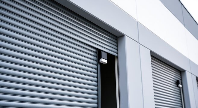 Gray corrugated security shutters partially open on a modern building facade