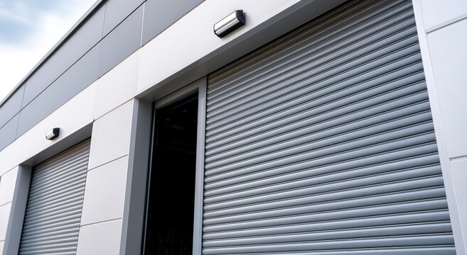 Industrial building with grey rolling doors and exterior lights