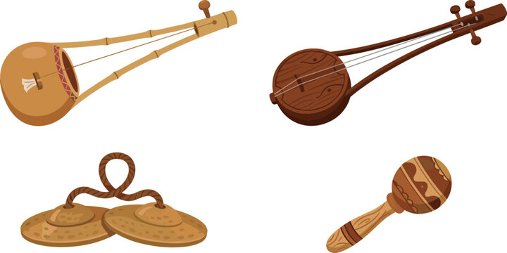 Traditional Indian Musical Instruments Vector Set Featuring Ektara, Dotara, Manjira Cymbals, and Khartal Shaker for Cultural and Folk Music Designs