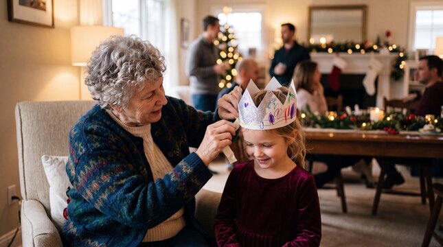An elderly woman gently places a handmade crown on her granddaughter's head, a heartwarming scene of family connection and tradition amidst a cozy holiday gathering.