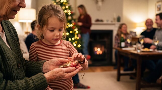 A young child carefully examines a Christmas ornament held by an elder, amidst a warm and joyful family gathering, complete with a decorated tree and a crackling fireplace.