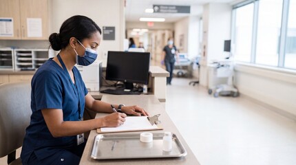 Fototapeta premium A focused healthcare professional, wearing a mask and scrubs, meticulously records information on a clipboard at a hospital reception desk.