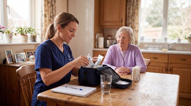 A compassionate caregiver meticulously prepares medical supplies for an elderly woman in a cozy domestic setting, highlighting a moment of dedicated home healthcare.