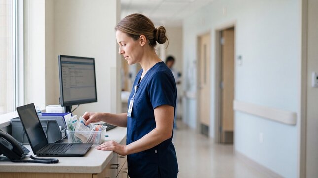 A diligent nurse in blue scrubs meticulously organizes medical supplies at a workstation in a brightly lit hospital corridor, embodying professionalism and patient care.