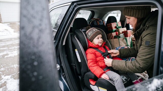 A mother secures her child in a car seat, surrounded by Christmas presents, preparing for a winter journey.