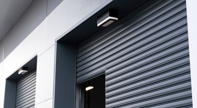 Industrial building facade with grey rolling shutters and overhead lights