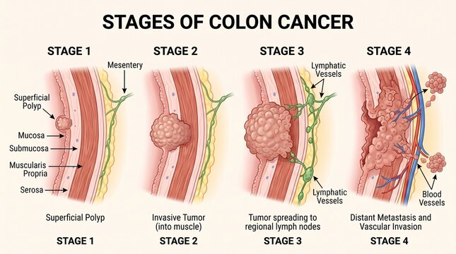 Medical illustration of colon cancer stages 1 through 4