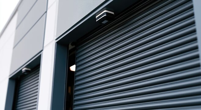 Industrial building exterior with closed roll-up garage doors, modern facade