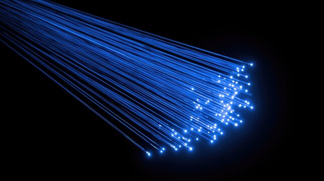 Glowing blue optical fibers spread out against a dark background