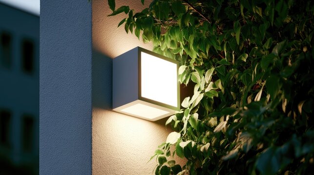 Modern, illuminated outdoor light fixture mounted on a wall, casting warm glow on greenery