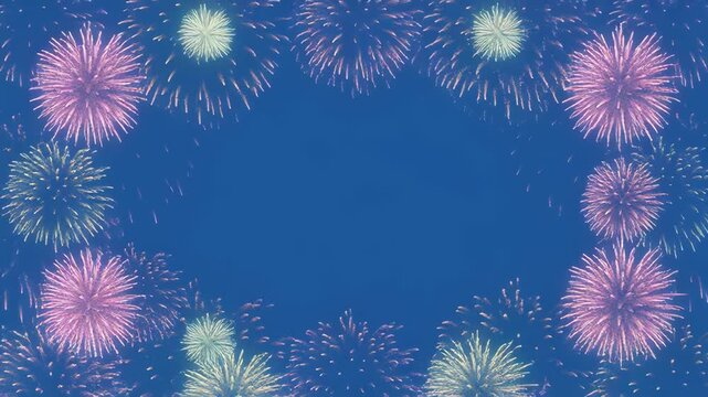 Festive fireworks display animating across a deep blue background with sparkling light particles during celebration