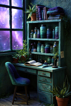 Cozy teal desk wool yarn jar fiber art studio magical study room night sky window houseplant decor creative workspace glowing galaxy rustic wooden shelf open book journal Magical teal workspace