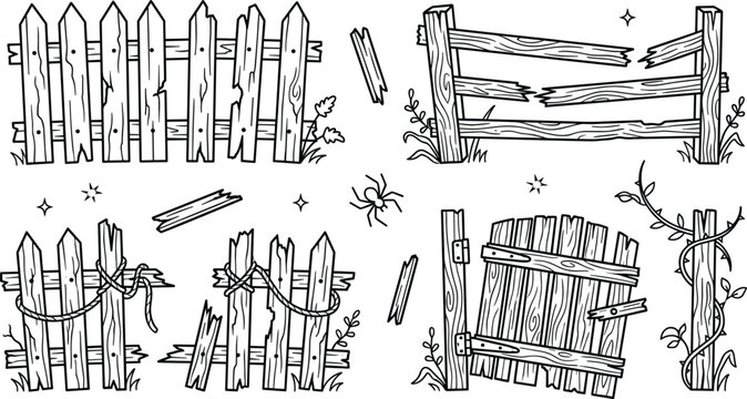 Old Broken Wooden Fence Vector Illustration Set with Rusty Gates Damaged Planks and Spooky Details for Halloween and Rural Background Designs