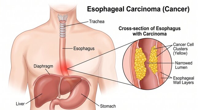 Medical illustration of esophageal carcinoma with tumor cross section