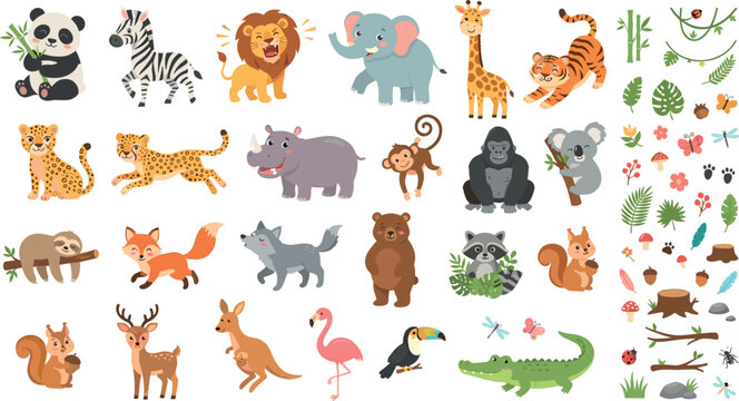 Cute cartoon jungle safari animals vector set featuring panda tiger lion elephant koala crocodile and tropical nature elements