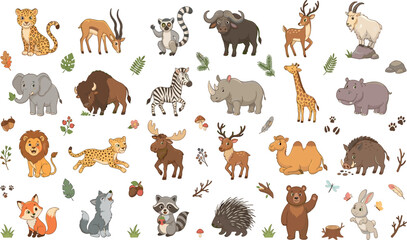 Obraz premium Cute cartoon wild animals vector set featuring lion elephant giraffe zebra cheetah leopard bear and safari fauna elements