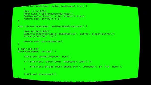 Green source code is displayed on a retro CRT monitor with scan lines and analog distortion, creating a vintage programming interface ideal for cybersecurity, coding
