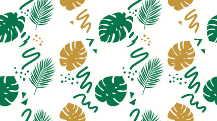 Naklejka premium Tropical monstera and palm leaf pattern in vibrant green with gold abstract shapes decor.