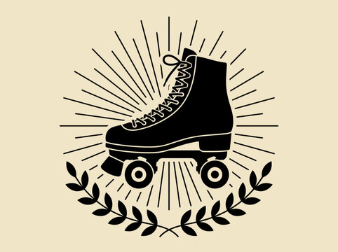 Vintage Roller Skate Silhouette Emblem with Sunburst and Laurel Wreath