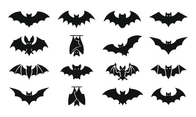 Fototapeta premium Set of Halloween bat silhouettes in different flying and hanging poses, vector icon illustration