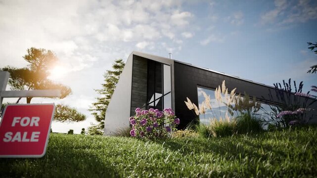 Modern Scandinavian House for Sale with Real Estate Sign &ndash; Luxury Home Exterior, Cinematic 3D Animation
