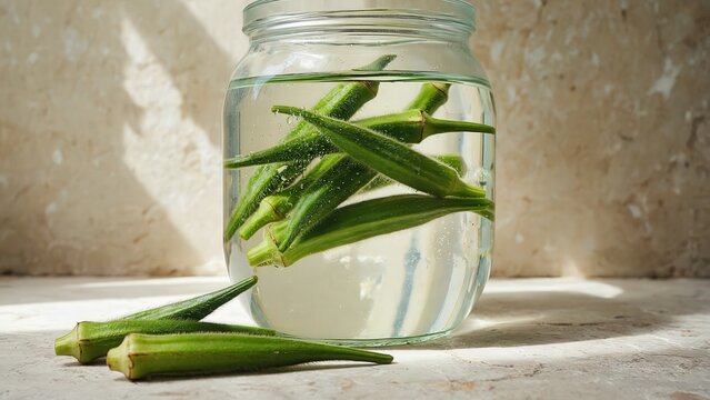 Okra stems soaking in jar on stone surface