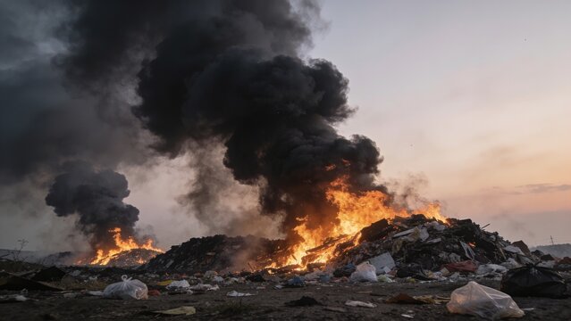 Large piles of burning trash and garbage creating thick black smoke plumes