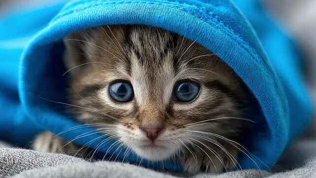 Tiny Feline Pondering: A captivating tabby kitten with striking blue eyes peeks out from under a cozy blue hoodie, its gaze full of curiosity and innocence.