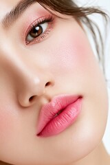 Fototapeta premium Elegant beauty close-up featuring an Asian woman with flawless glowing skin, vibrant pink lips and soft makeup. Modern clean beauty and skincare advertising concept.