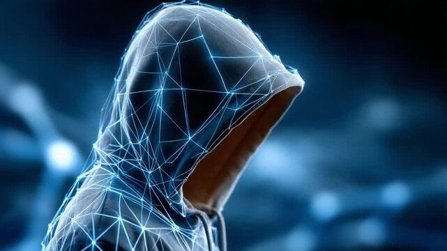 Digital Phantom: A figure in a hooded sweatshirt, shrouded in mystery and illuminated by glowing digital network lines, embodies the enigmatic nature of cybersecurity and artificial intelligence.