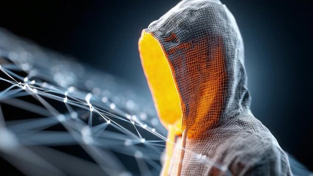 Mysterious Hacker in Digital Realm: A lone figure in a hooded sweatshirt stands amidst a glowing network of digital connections, symbolizing cybersecurity threats and online anonymity.