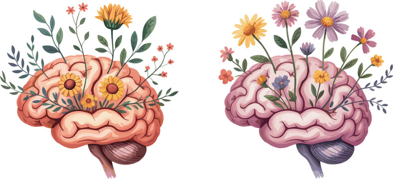 Set Of Two Artistic Illustrations Featuring Human Brains Blooming With Vibrant Flowers And Greenery, Symbolizing Mental Growth And Nature