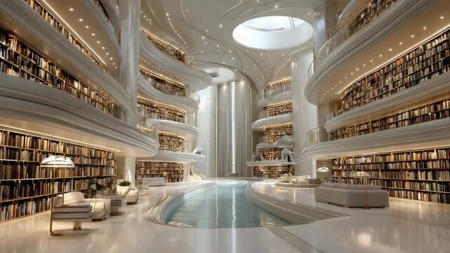 Futuristic Library Interior: An advanced, futuristic library interior featuring vast rows of books on multiple levels, a central reflective pool, and sleek, modern seating areas.