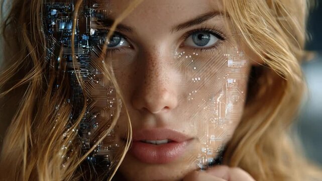 Cyborg Woman Portrait: A captivating close-up portrait of a woman with one side of her face appearing mechanical and integrated with futuristic technology, while the other side is soft and human.