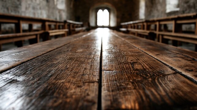 Long wooden table in dimly lit hall with arched window at end