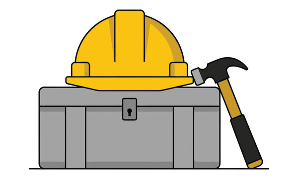 Labour day composition featuring yellow construction safety hard hat and steel tool box with hammer.