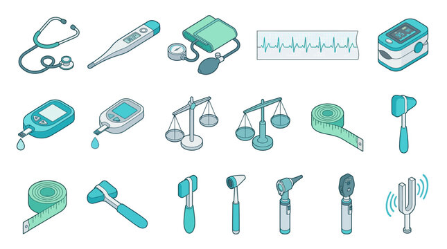Isometric medical equipment icon set featuring diagnostic tools and healthcare instruments in a modern teal color palette for clinical presentation and digital health design projects