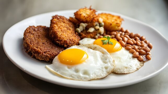 Traditional scrapple breakfast with fried eggs, hash browns and baked beans.