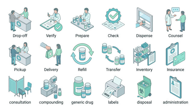 Pharmacy process isometric icon set showing prescription workflow and medication management for medical healthcare design and clinical infographics