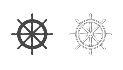 Ship Wheel Outline and Silhouette Set with Hand-Drawn Nautical Steering Elements for Design Concepts © Md