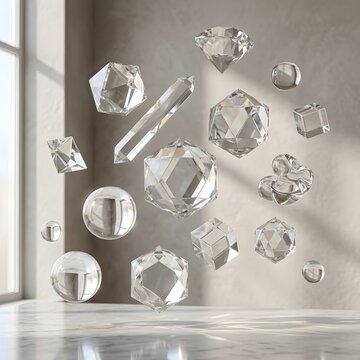 Shiny geometric crystal shapes isolated on white