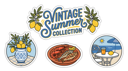Vintage Summer Collection Elements With Lemons Seafood And Beach Scene. © Chun