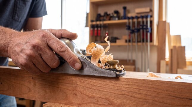 Carpenter using a hand plane to smooth a wooden board in a workshop