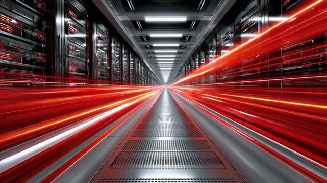 Abstract Speed in Server Room: A surreal visual of red light streaks illuminating a modern server room, suggesting rapid data transfer and advanced technology.