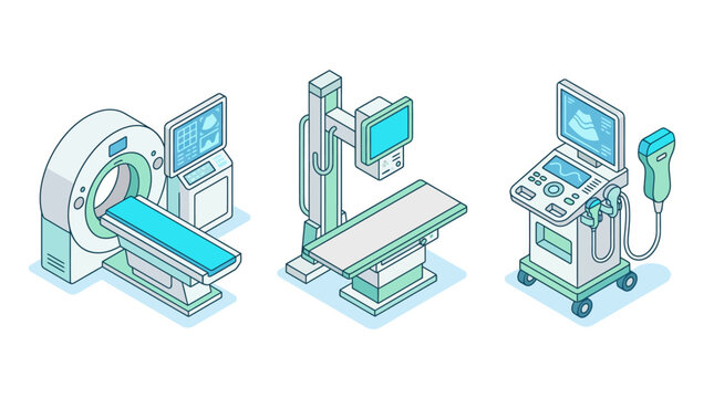Isometric medical diagnostic equipment set featuring CT scanner X-ray machine and ultrasound device for hospital and healthcare infrastructure design