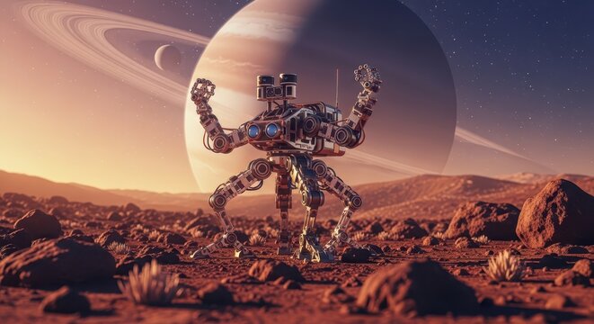 Advanced robotic explorer on a desolate alien planet with rings planet and moon in the sky