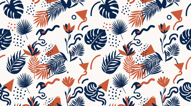 Tropical jungle seamless pattern with palm leaves and flowers in navy blue and rust orange.