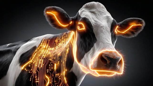 Futuristic Cow: A black and white cow, integrated with glowing orange circuitry and electronic components, symbolizes the intersection of agriculture and advanced technology.